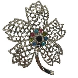 Leaf Brooch Pin Silver Tone‎ Openwork Rhinestone Floral Statement Jewelry